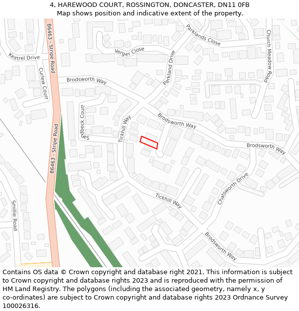 4, HAREWOOD COURT, ROSSINGTON, DONCASTER, DN11 0FB: Location map and indicative extent of plot