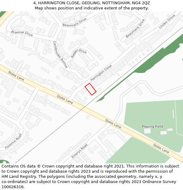 4, HARRINGTON CLOSE, GEDLING, NOTTINGHAM, NG4 2QZ: Location map and indicative extent of plot