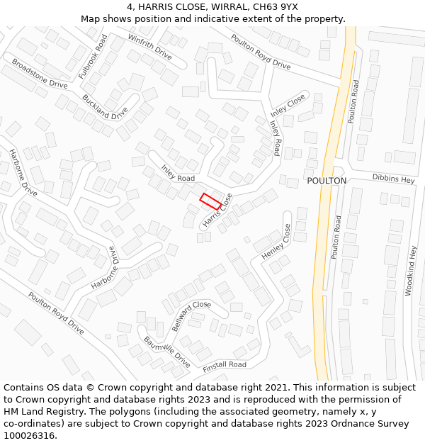 4, HARRIS CLOSE, WIRRAL, CH63 9YX: Location map and indicative extent of plot