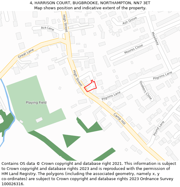 4, HARRISON COURT, BUGBROOKE, NORTHAMPTON, NN7 3ET: Location map and indicative extent of plot
