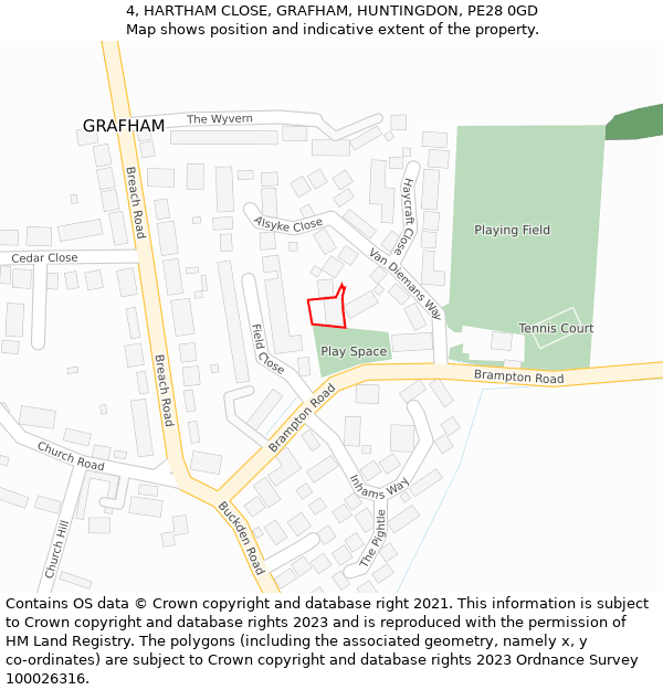 4, HARTHAM CLOSE, GRAFHAM, HUNTINGDON, PE28 0GD: Location map and indicative extent of plot