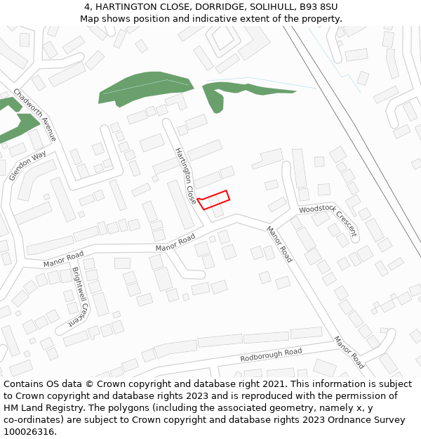 4, HARTINGTON CLOSE, DORRIDGE, SOLIHULL, B93 8SU: Location map and indicative extent of plot