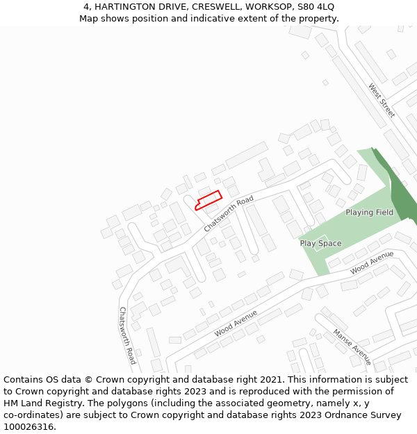 4, HARTINGTON DRIVE, CRESWELL, WORKSOP, S80 4LQ: Location map and indicative extent of plot