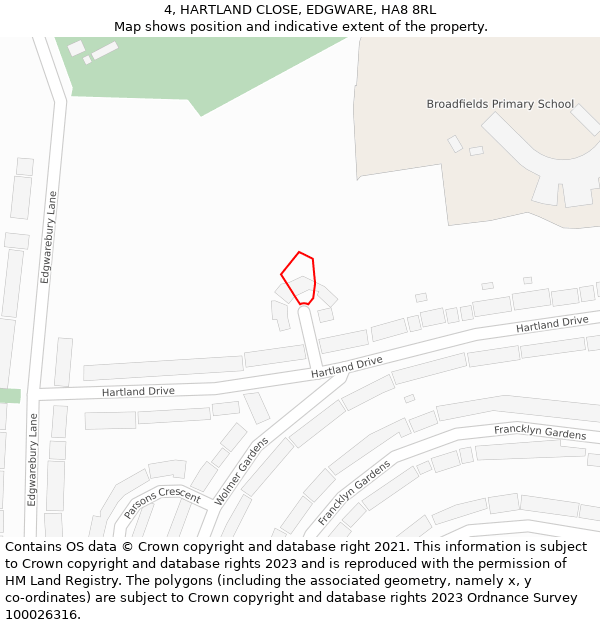 4, HARTLAND CLOSE, EDGWARE, HA8 8RL: Location map and indicative extent of plot