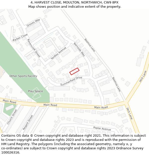 4, HARVEST CLOSE, MOULTON, NORTHWICH, CW9 8PX: Location map and indicative extent of plot