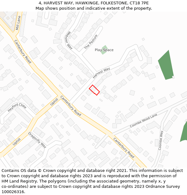 4, HARVEST WAY, HAWKINGE, FOLKESTONE, CT18 7PE: Location map and indicative extent of plot