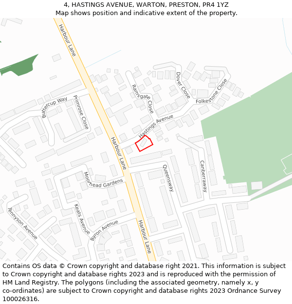 4, HASTINGS AVENUE, WARTON, PRESTON, PR4 1YZ: Location map and indicative extent of plot