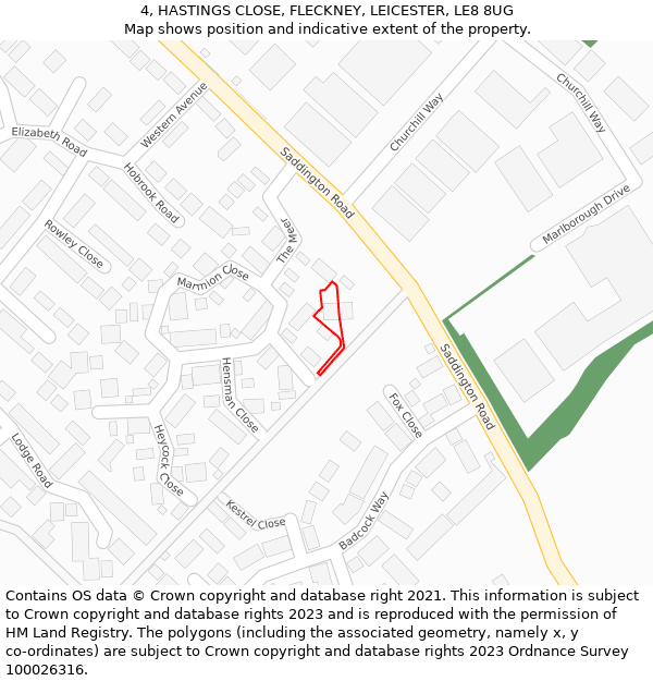 4, HASTINGS CLOSE, FLECKNEY, LEICESTER, LE8 8UG: Location map and indicative extent of plot