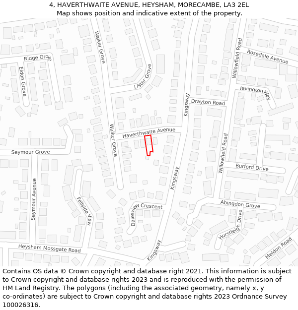 4, HAVERTHWAITE AVENUE, HEYSHAM, MORECAMBE, LA3 2EL: Location map and indicative extent of plot