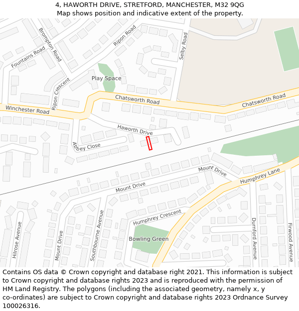 4, HAWORTH DRIVE, STRETFORD, MANCHESTER, M32 9QG: Location map and indicative extent of plot