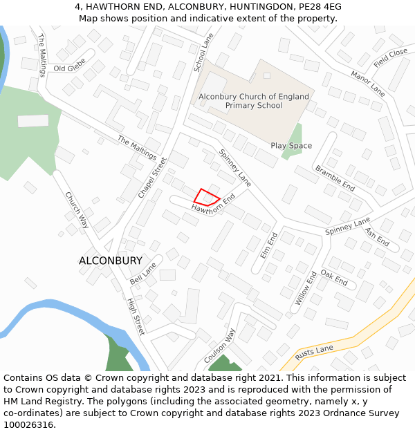 4, HAWTHORN END, ALCONBURY, HUNTINGDON, PE28 4EG: Location map and indicative extent of plot