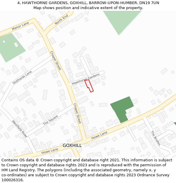 4, HAWTHORNE GARDENS, GOXHILL, BARROW-UPON-HUMBER, DN19 7UN: Location map and indicative extent of plot