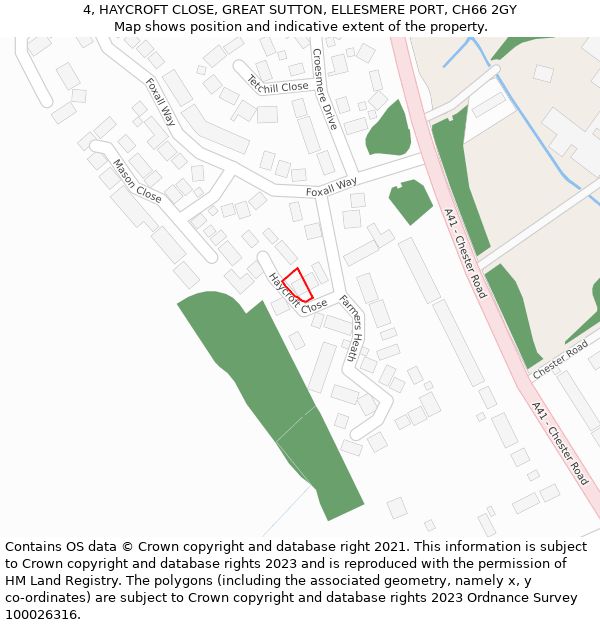 4, HAYCROFT CLOSE, GREAT SUTTON, ELLESMERE PORT, CH66 2GY: Location map and indicative extent of plot