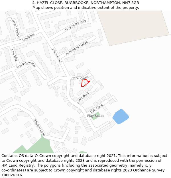 4, HAZEL CLOSE, BUGBROOKE, NORTHAMPTON, NN7 3GB: Location map and indicative extent of plot