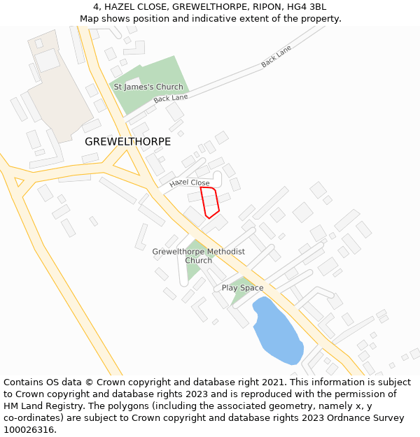 4, HAZEL CLOSE, GREWELTHORPE, RIPON, HG4 3BL: Location map and indicative extent of plot