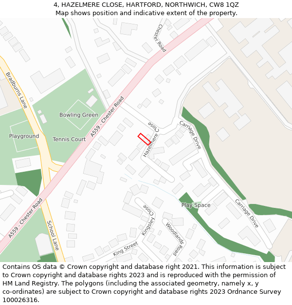 4, HAZELMERE CLOSE, HARTFORD, NORTHWICH, CW8 1QZ: Location map and indicative extent of plot