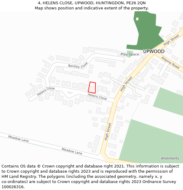 4, HELENS CLOSE, UPWOOD, HUNTINGDON, PE26 2QN: Location map and indicative extent of plot