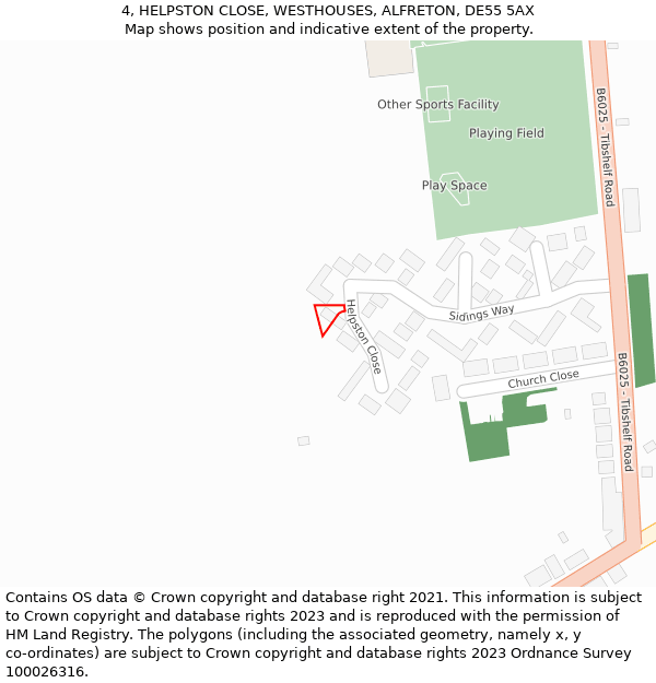 4, HELPSTON CLOSE, WESTHOUSES, ALFRETON, DE55 5AX: Location map and indicative extent of plot