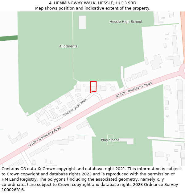 4, HEMMINGWAY WALK, HESSLE, HU13 9BD: Location map and indicative extent of plot