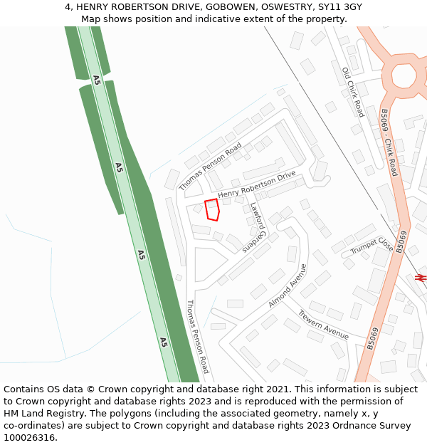 4, HENRY ROBERTSON DRIVE, GOBOWEN, OSWESTRY, SY11 3GY: Location map and indicative extent of plot