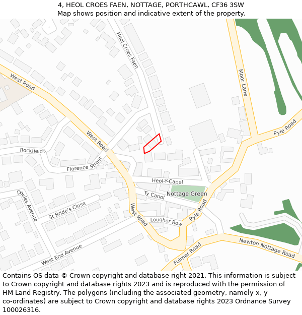 4, HEOL CROES FAEN, NOTTAGE, PORTHCAWL, CF36 3SW: Location map and indicative extent of plot