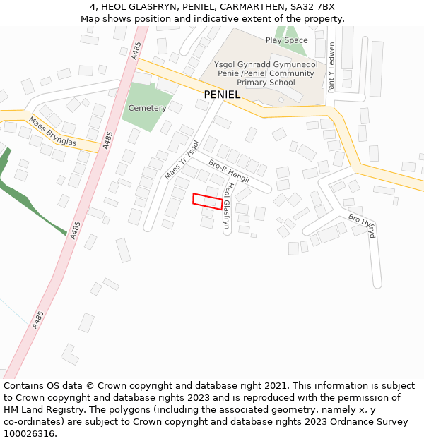 4, HEOL GLASFRYN, PENIEL, CARMARTHEN, SA32 7BX: Location map and indicative extent of plot