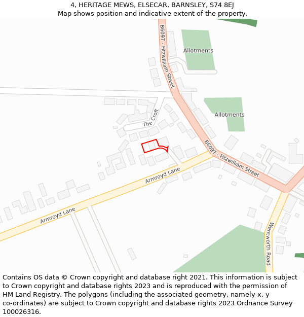 4, HERITAGE MEWS, ELSECAR, BARNSLEY, S74 8EJ: Location map and indicative extent of plot