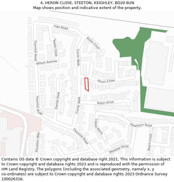 4, HERON CLOSE, STEETON, KEIGHLEY, BD20 6UN: Location map and indicative extent of plot