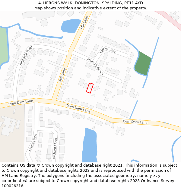 4, HERONS WALK, DONINGTON, SPALDING, PE11 4YD: Location map and indicative extent of plot