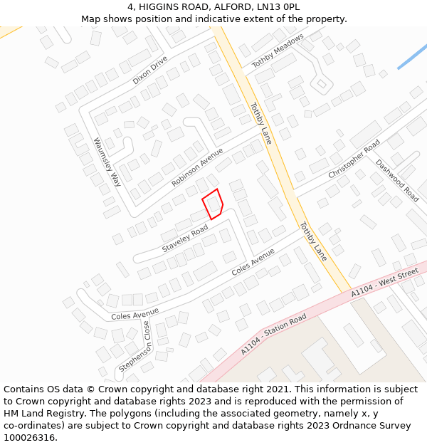 4, HIGGINS ROAD, ALFORD, LN13 0PL: Location map and indicative extent of plot