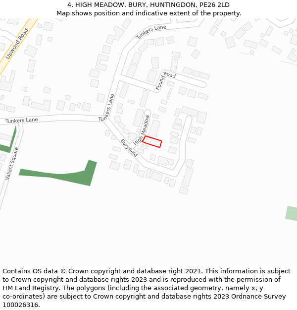 4, HIGH MEADOW, BURY, HUNTINGDON, PE26 2LD: Location map and indicative extent of plot