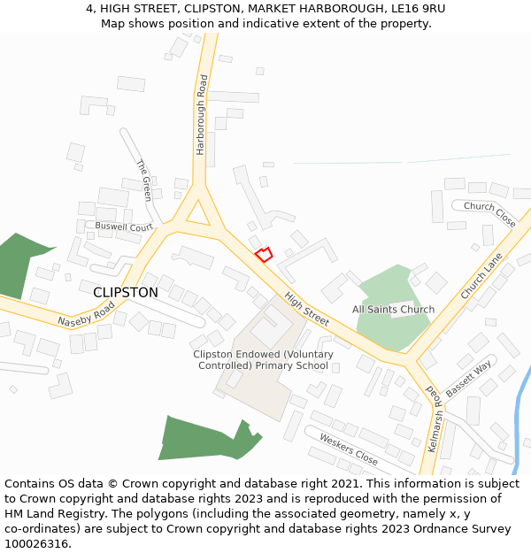 4, HIGH STREET, CLIPSTON, MARKET HARBOROUGH, LE16 9RU: Location map and indicative extent of plot