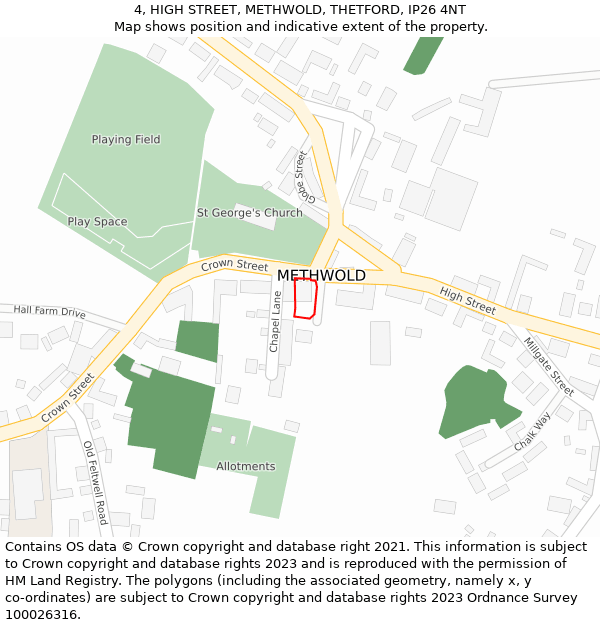 4, HIGH STREET, METHWOLD, THETFORD, IP26 4NT: Location map and indicative extent of plot