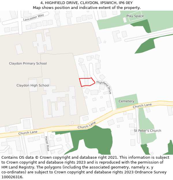 4, HIGHFIELD DRIVE, CLAYDON, IPSWICH, IP6 0EY: Location map and indicative extent of plot