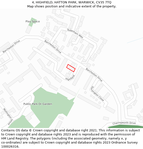 4, HIGHFIELD, HATTON PARK, WARWICK, CV35 7TQ: Location map and indicative extent of plot