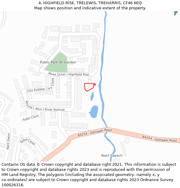 4, HIGHFIELD RISE, TRELEWIS, TREHARRIS, CF46 6EQ: Location map and indicative extent of plot