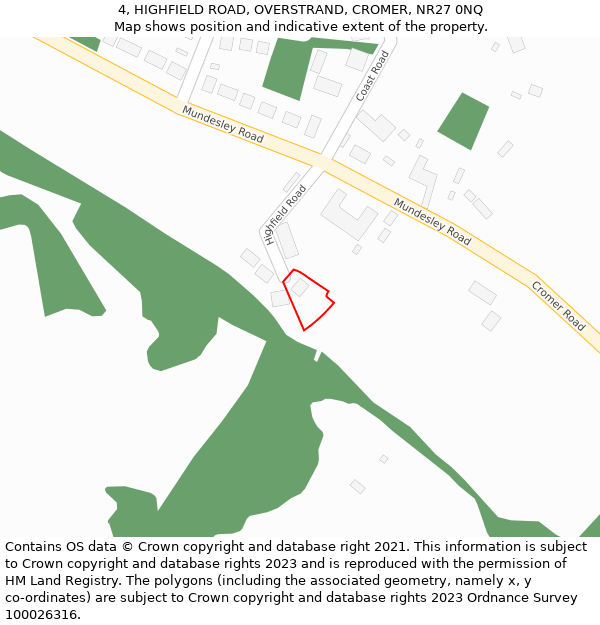 4, HIGHFIELD ROAD, OVERSTRAND, CROMER, NR27 0NQ: Location map and indicative extent of plot