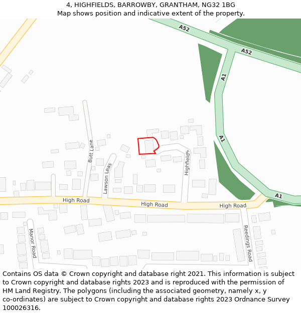 4, HIGHFIELDS, BARROWBY, GRANTHAM, NG32 1BG: Location map and indicative extent of plot