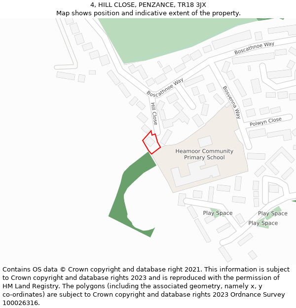 4, HILL CLOSE, PENZANCE, TR18 3JX: Location map and indicative extent of plot