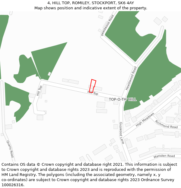 4, HILL TOP, ROMILEY, STOCKPORT, SK6 4AY: Location map and indicative extent of plot