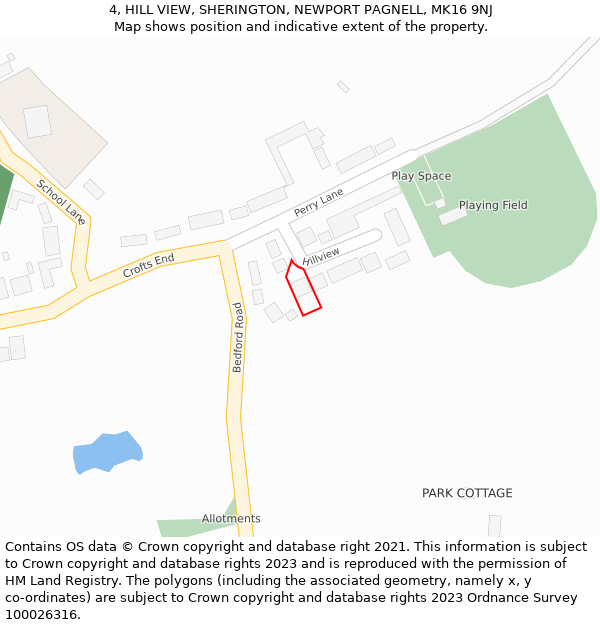 4, HILL VIEW, SHERINGTON, NEWPORT PAGNELL, MK16 9NJ: Location map and indicative extent of plot