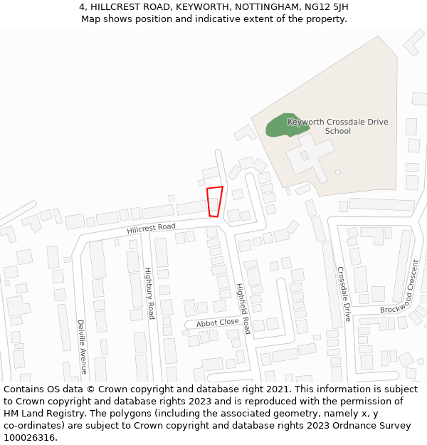 4, HILLCREST ROAD, KEYWORTH, NOTTINGHAM, NG12 5JH: Location map and indicative extent of plot