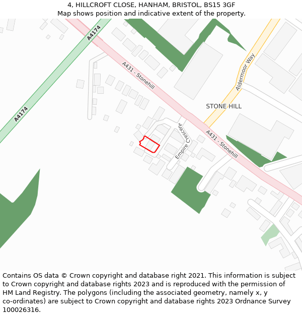 4, HILLCROFT CLOSE, HANHAM, BRISTOL, BS15 3GF: Location map and indicative extent of plot