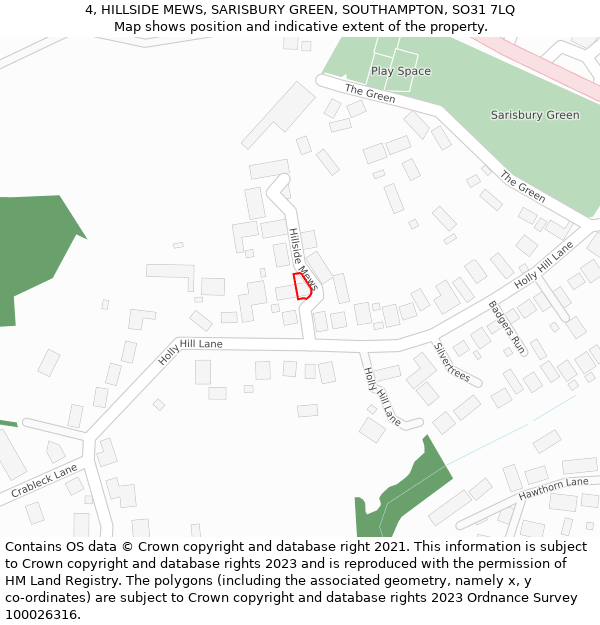 4, HILLSIDE MEWS, SARISBURY GREEN, SOUTHAMPTON, SO31 7LQ: Location map and indicative extent of plot