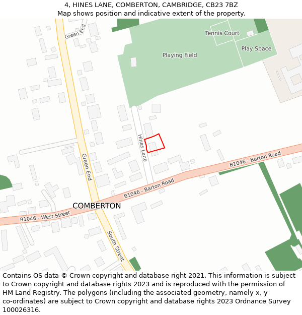 4, HINES LANE, COMBERTON, CAMBRIDGE, CB23 7BZ: Location map and indicative extent of plot