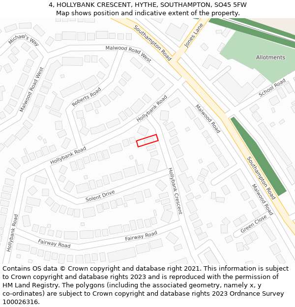 4, HOLLYBANK CRESCENT, HYTHE, SOUTHAMPTON, SO45 5FW: Location map and indicative extent of plot