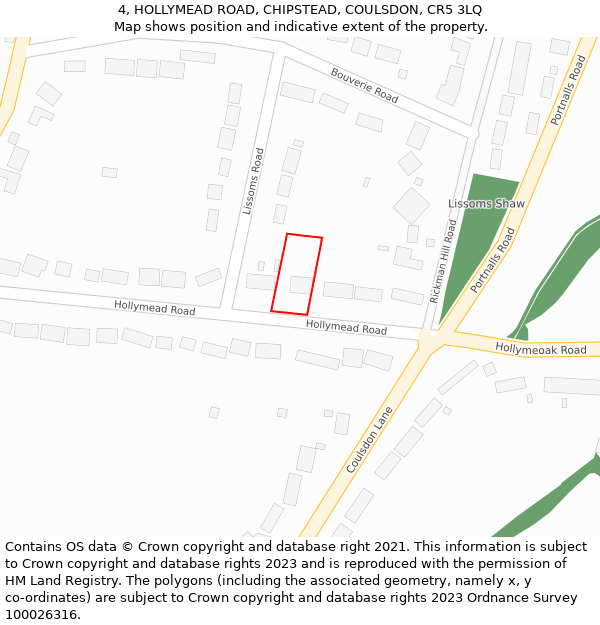 4, HOLLYMEAD ROAD, CHIPSTEAD, COULSDON, CR5 3LQ: Location map and indicative extent of plot