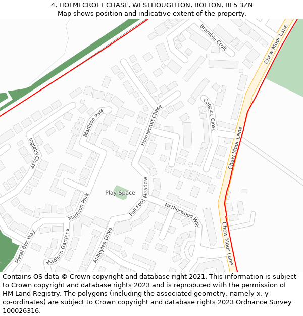 4, HOLMECROFT CHASE, WESTHOUGHTON, BOLTON, BL5 3ZN: Location map and indicative extent of plot