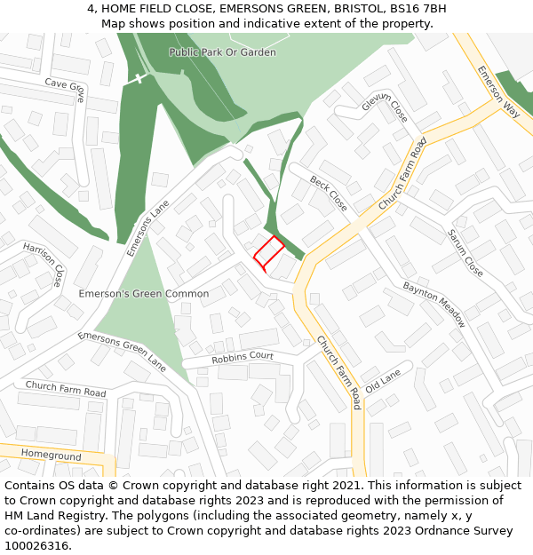 4, HOME FIELD CLOSE, EMERSONS GREEN, BRISTOL, BS16 7BH: Location map and indicative extent of plot