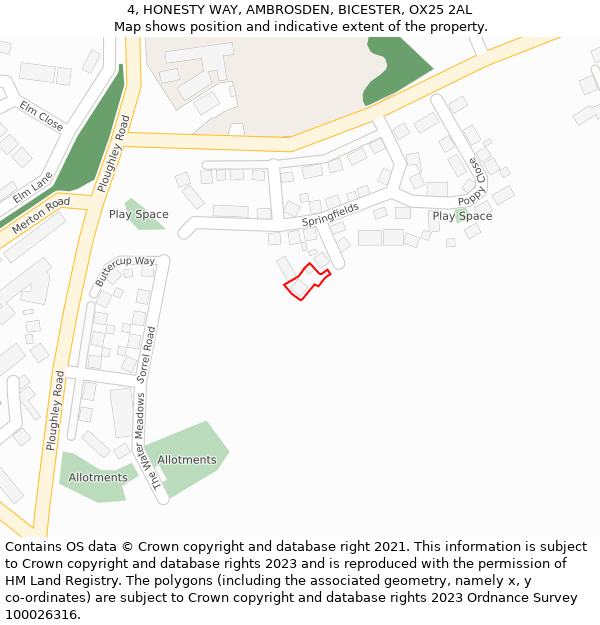 4, HONESTY WAY, AMBROSDEN, BICESTER, OX25 2AL: Location map and indicative extent of plot